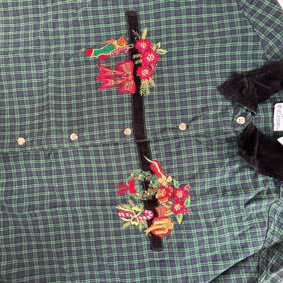Nutcracker Womens Embroidered Holiday Christmas Plaid Button-Up Shirt XL Green - Picture 8 of 8